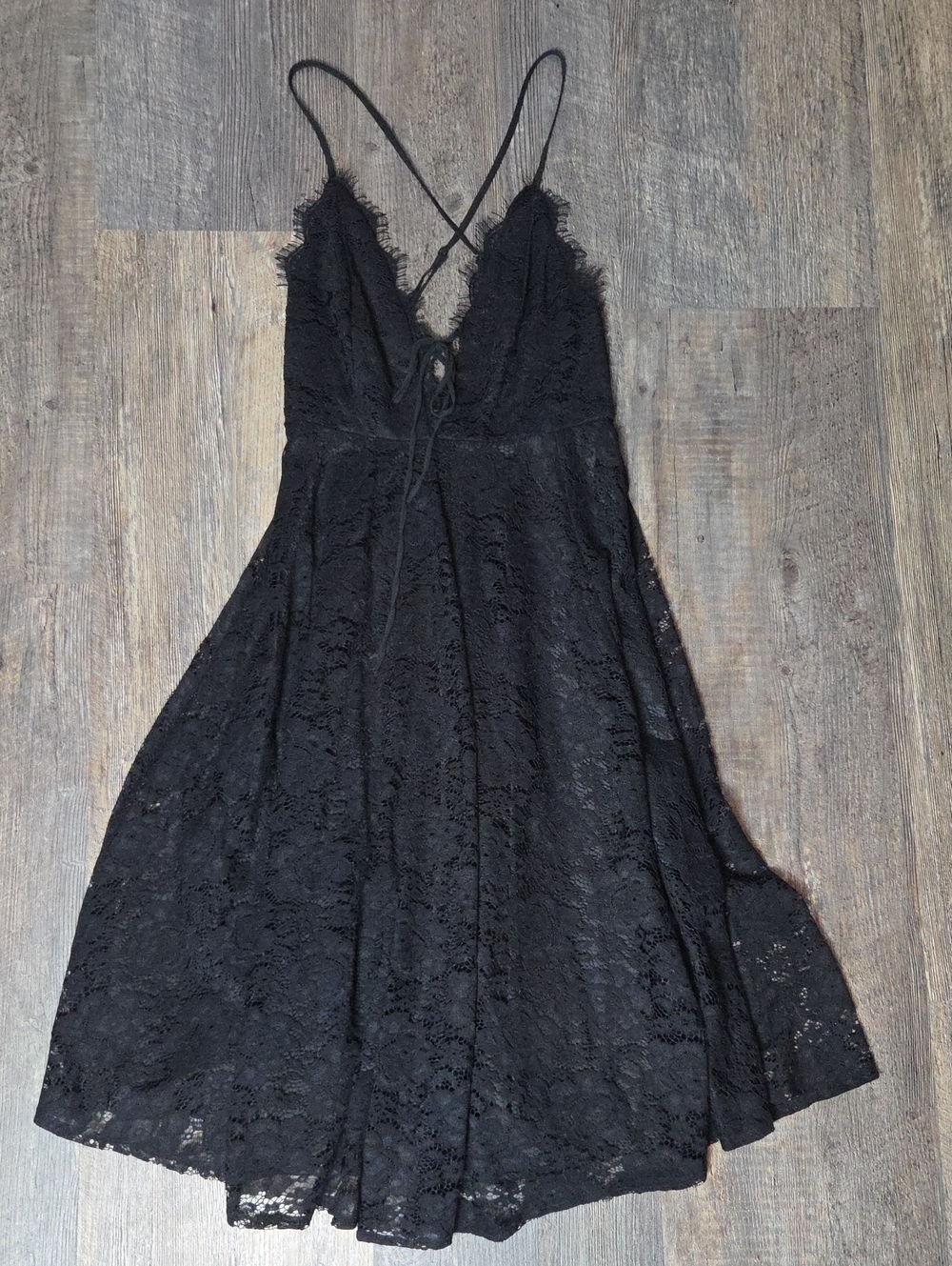 Lulu's Black Lace Mini Dress with Spaghetti Straps